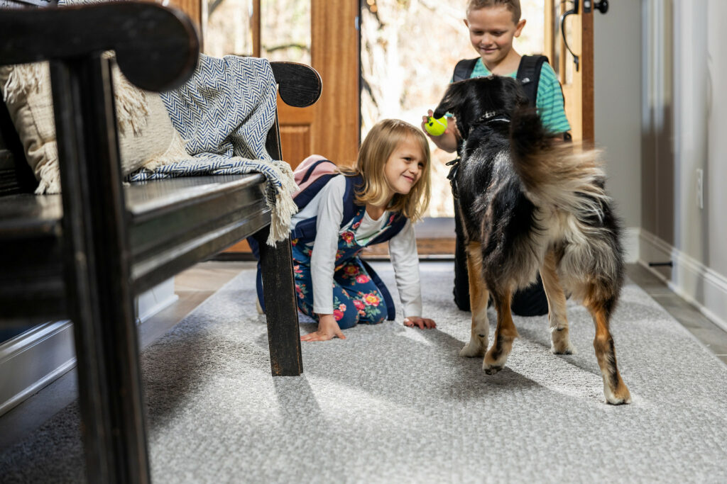 Kids plying with dog on carpet flooring | Yetzer Home Store