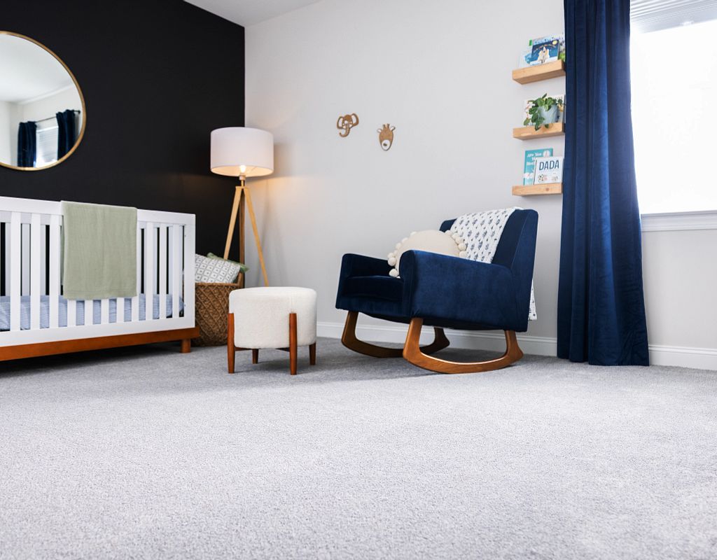 Blue couch on carpet | Yetzer Home Store