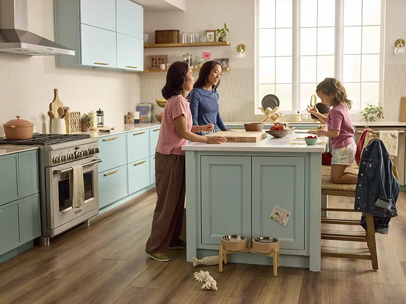 Family in Kitchen with Hardwood Flooring | Yetzer Home Store